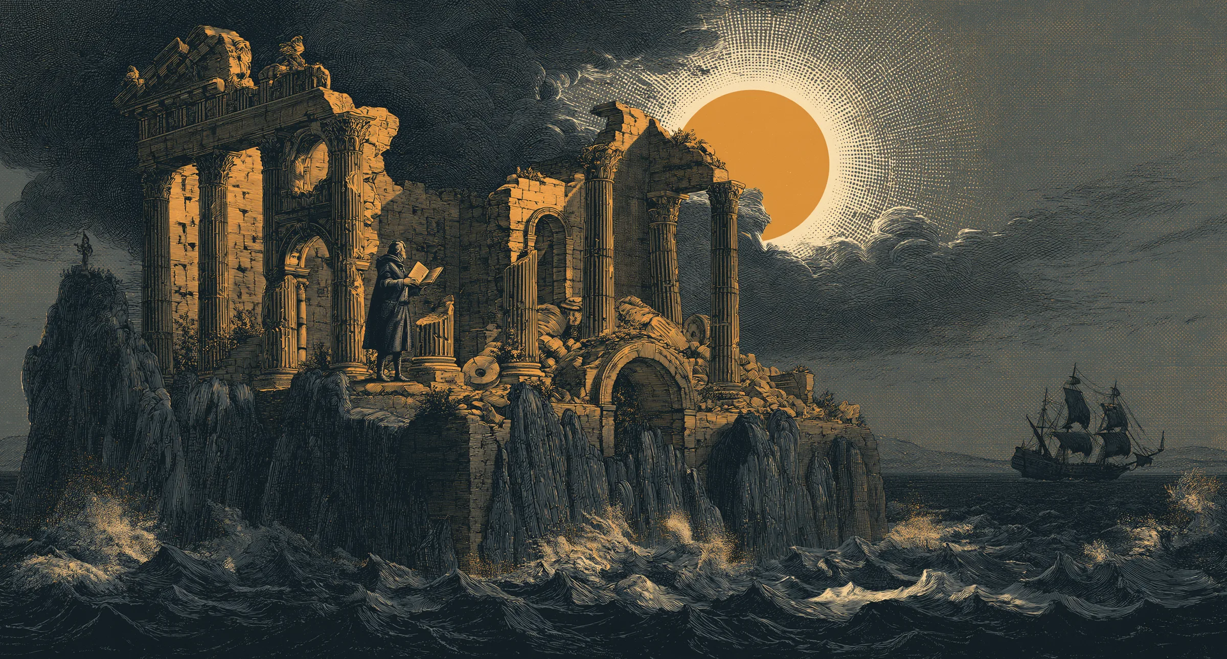 A traveler reading beneath the columns of a ruined temple on a sea cliff, a sailing ship on the horizon