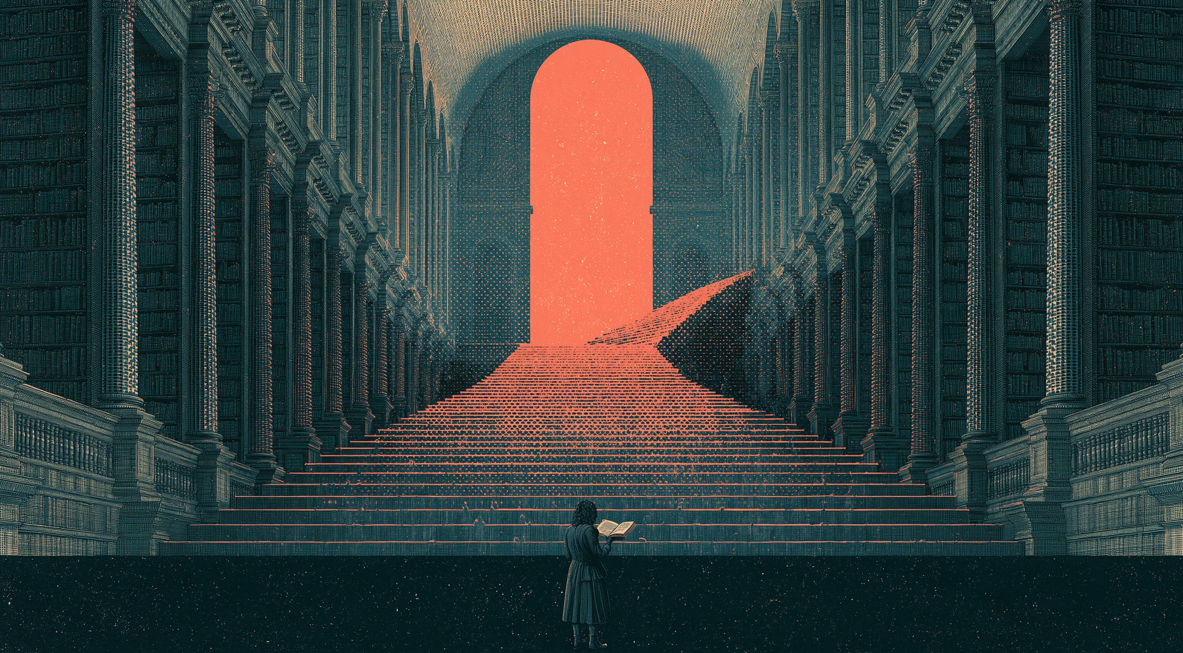 A traveler with a book at the foot of a vast staircase of pages rising to a glowing arch in a monumental library
